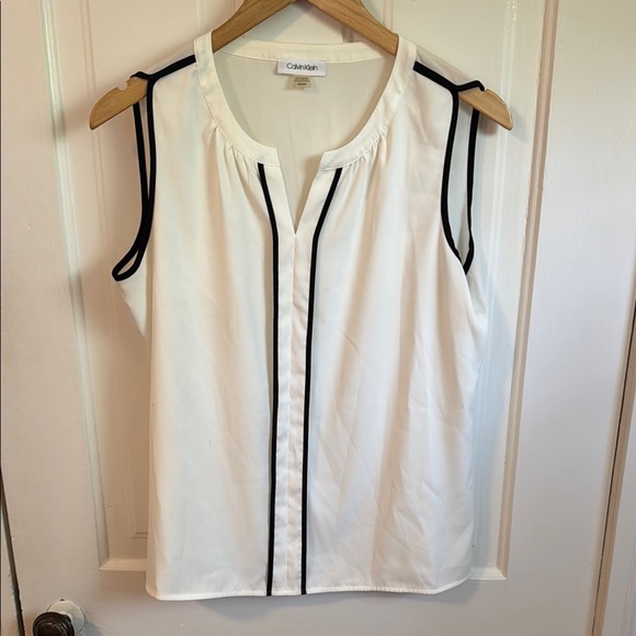 Calvin Klein // Cream Sleeveless Blouse with Black Trim - Picture 1 of 4
